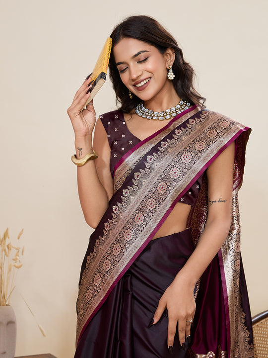 Maroon Pure Satin Silk Gala Border Concept Weaved With Jari And Minakari Rich Pallu Saree With Blouse Piece