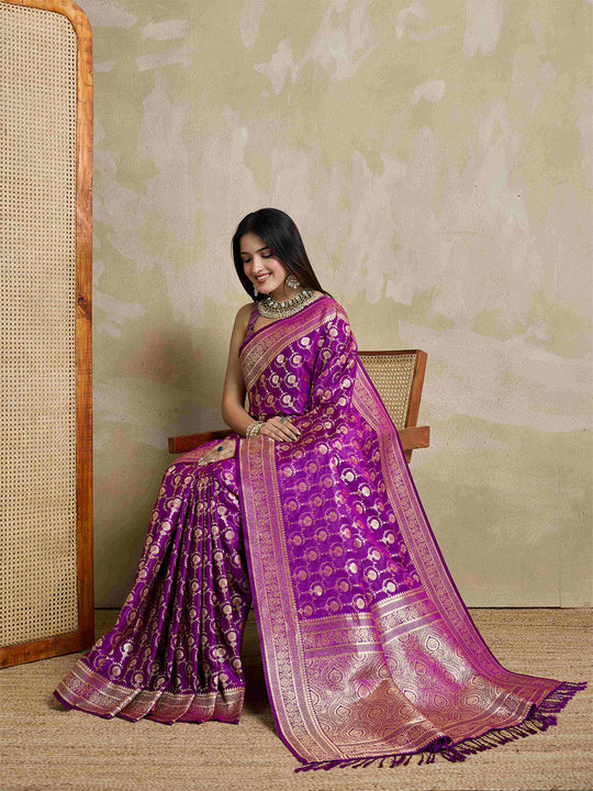Purple Pure Satin Banarasi Saree With Tassels Saree With Blouse Piece