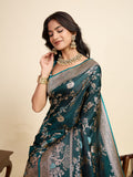 Teal Green Soft Silk Sarees Premium Two Tone Satin Fabric With Unique Designs Saree With Blouse Piece