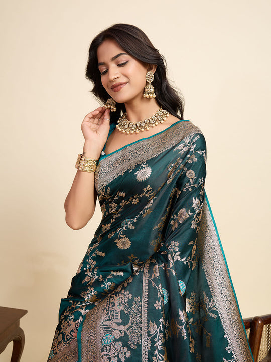 Teal Green Soft Silk Sarees Premium Two Tone Satin Fabric With Unique Designs Saree With Blouse Piece