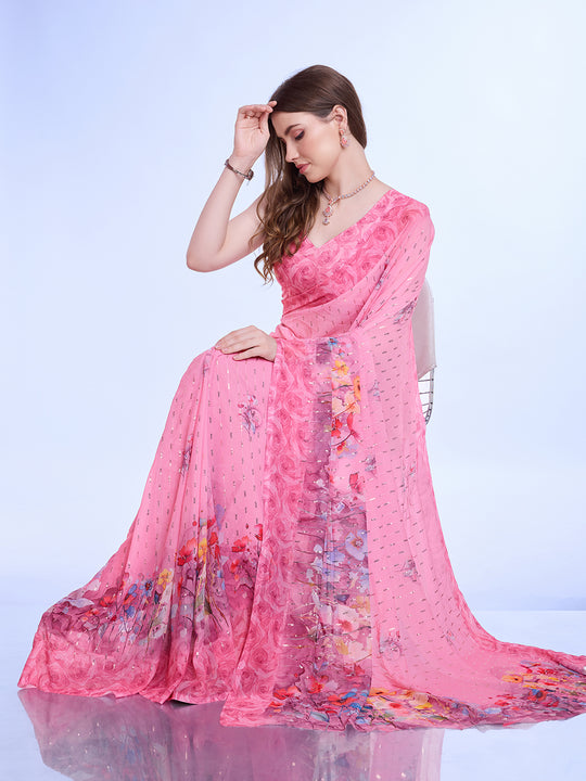 Pink Poly Chiffon Festival Saree With Blouse Piece
