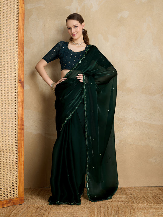 Embellished Mirror Work Organza Saree With Blouse Piece