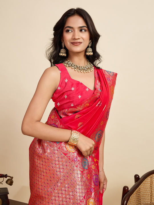 Pink Pure Jacquard Fabrics With Sona Chandi Pure Zari Work Saree With Blouse Piece