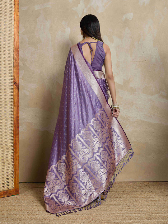 Lavendar Pure Satin Banarasi Saree With Tassels Saree With Blouse Piece
