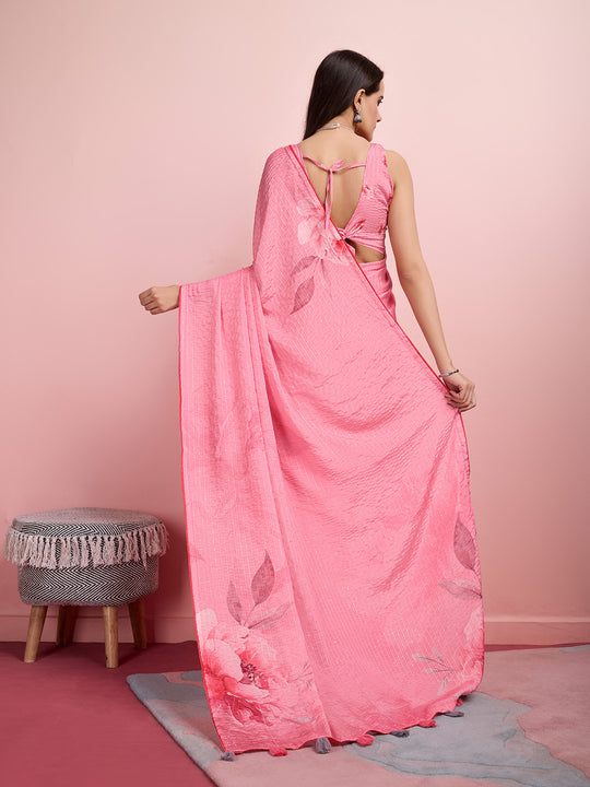 Pink Silk Blend Party Wear Saree With Blouse Piece