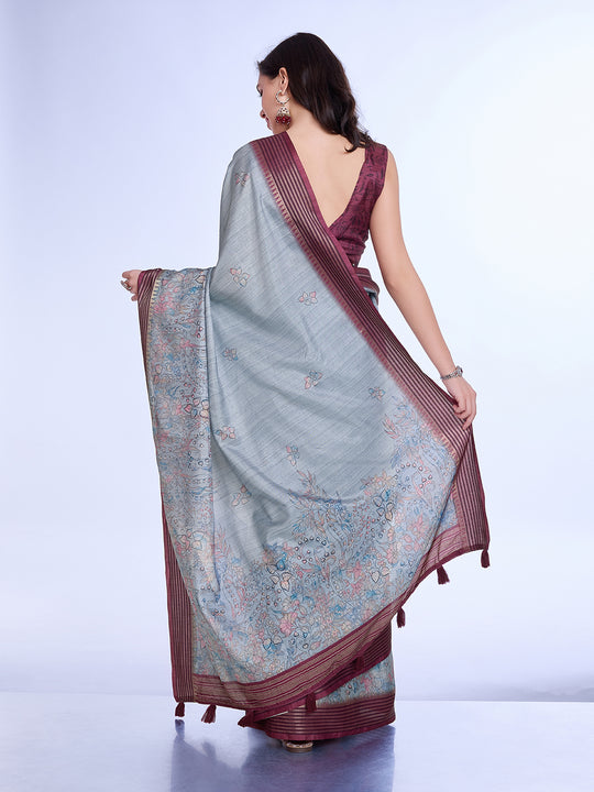 Grey Poly Silk Daily Wear Saree With Blouse Piece
