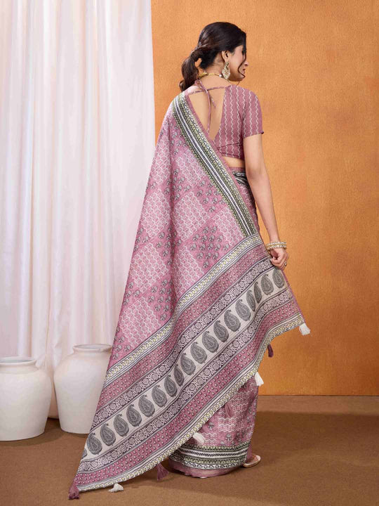 Pink Pure Tussar Silk Ajrakh Block Printed With Blouse Piece