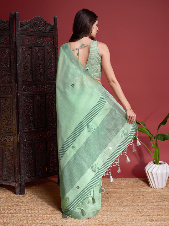 Green Linen Blend Saree With Blouse Piece