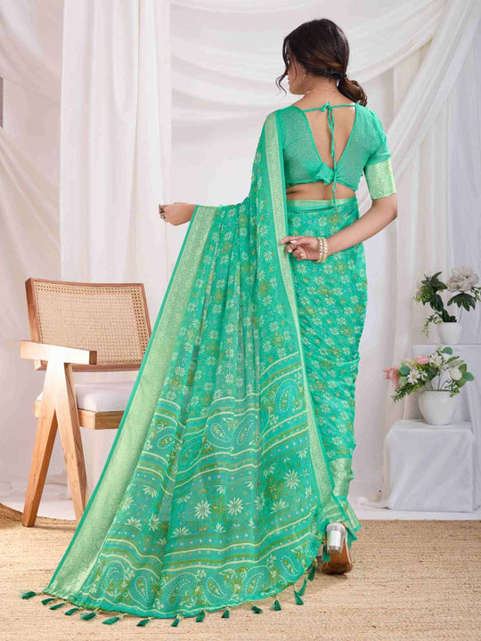 Teal Pure Chiffon Viscose Border Block Printed Saree With Blouse Piece