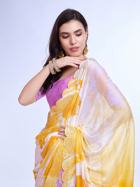 Yellow Poly Chiffon Festival Saree With Blouse Piece
