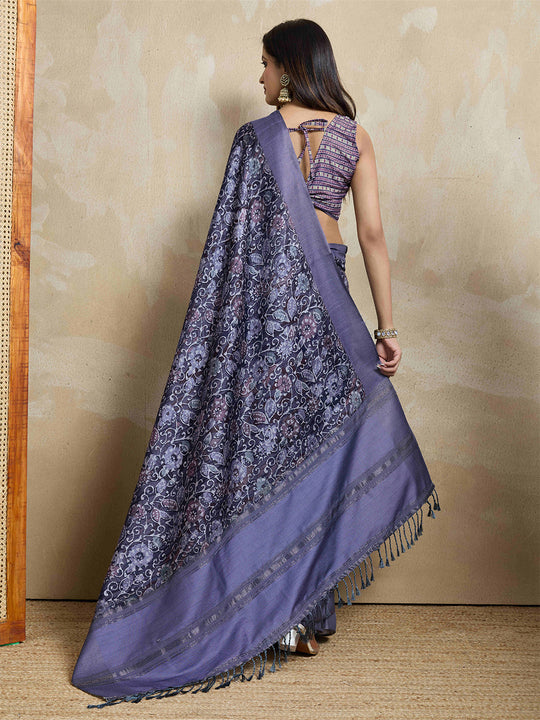 Lavendar Pure Handloom Tussar Woven Pallu Ajrakh Printed With Blouse Piece