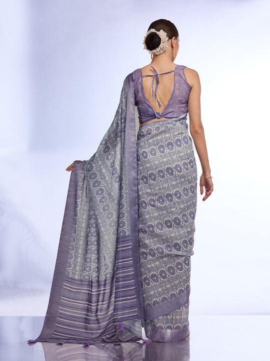 Grey Linen Blend Saree With Blouse Piece