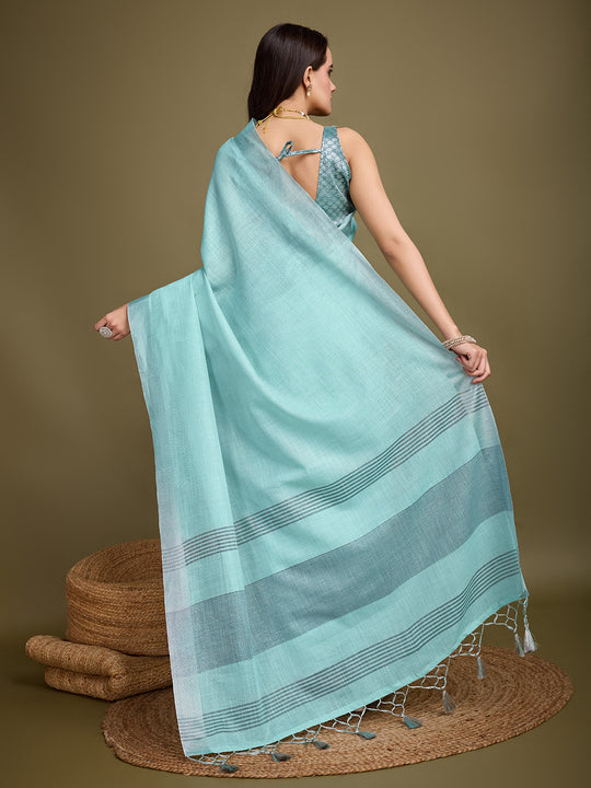 Turquoise Blue Linen Blend Daily Wear Saree With Blouse Piece