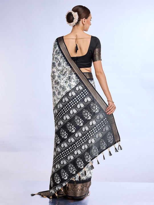 White & Black Dola Silk Saree With Blouse Piece