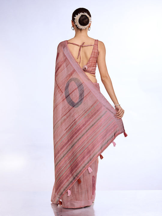 Pink Linen Blend Saree With Blouse Piece