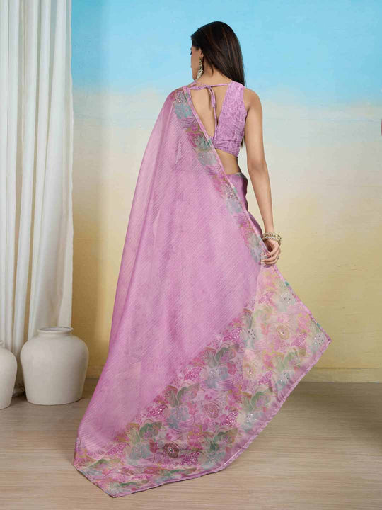 Babypink Organza Zari Woven Printed Saree With Hand-Sequence Embellishment Saree With Blouse Piece