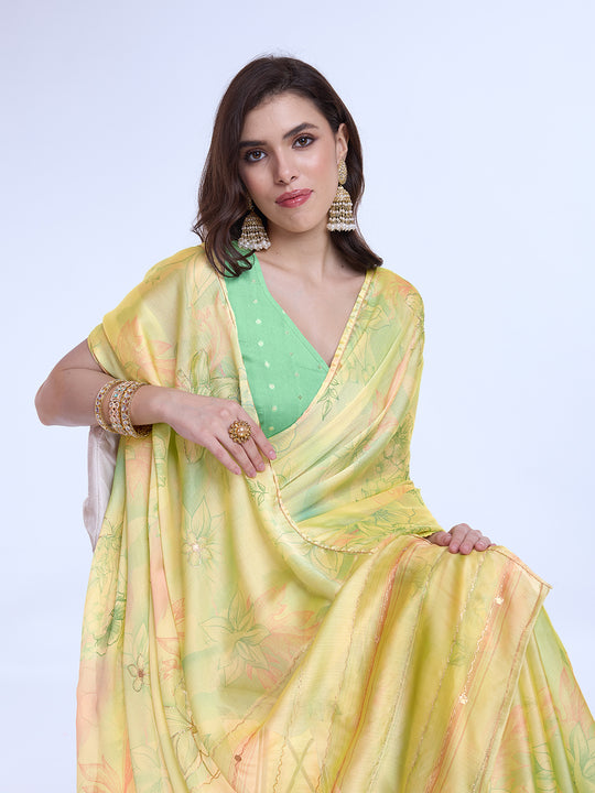 Yellow Poly Chiffon Festive Wear Saree With Blouse Piecde