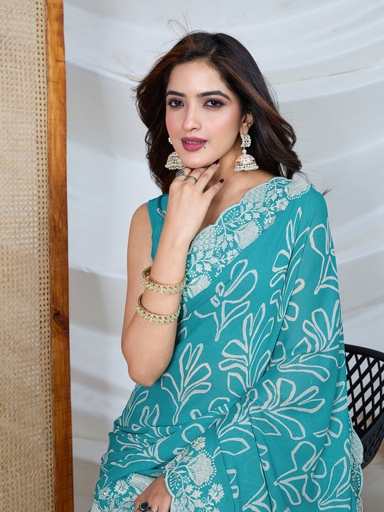 Poly Georgette Geometric Print Saree With Embroidery And Scaloping Work With Unstitched Blouse Piece