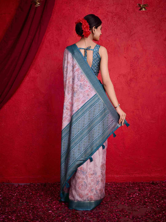 Pink Pure Tussar Viscose Border Paisley Digital Printed  With Blouse Piece