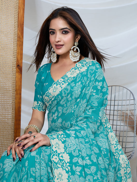 Poly Georgette Geometric Print Saree With Embroidery And Scaloping Work With Unstitched Blouse Piece