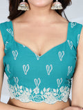 Poly Georgette Geometric Print Saree With Embroidery And Scaloping Work With Unstitched Blouse Piece