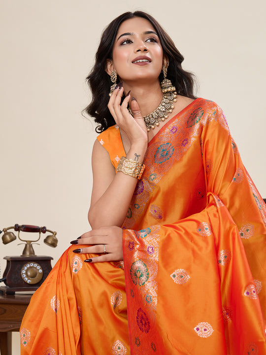 Yellow Pure Jacquard Fabrics With Sona Chandi Pure Zari Work Saree With Blouse Piece