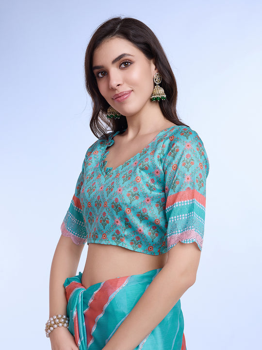 Blue Poly Chiffon Festival Saree With Blouse Piece