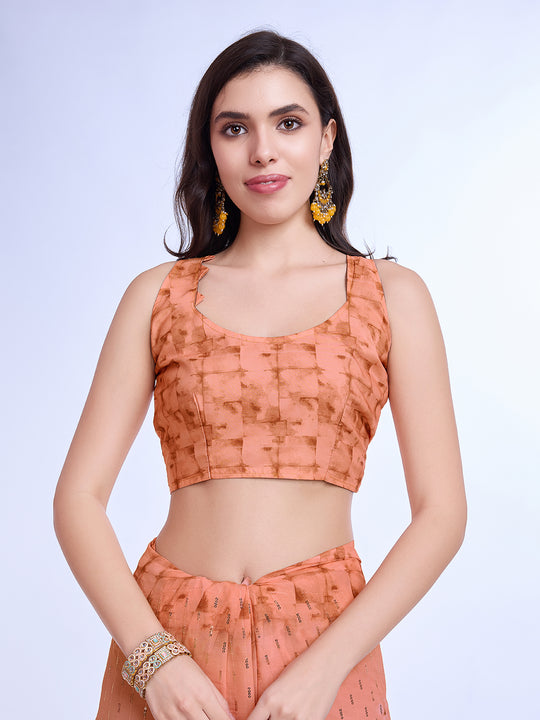 Peach Poly Chiffon Festival Saree With Blouse Piece