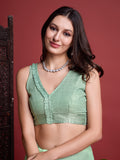 Green Linen Blend Saree With Blouse Piece