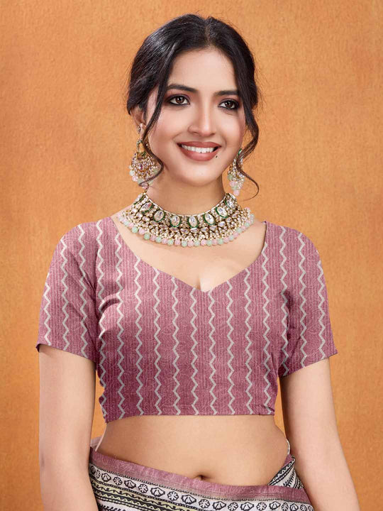 Pink Pure Tussar Silk Ajrakh Block Printed With Blouse Piece