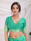 Teal Pure Chiffon Viscose Border Block Printed Saree With Blouse Piece