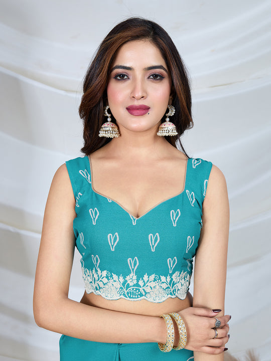 Poly Georgette Geometric Print Saree With Embroidery And Scaloping Work With Unstitched Blouse Piece