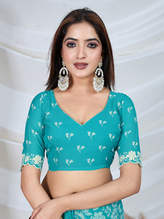 Poly Georgette Geometric Print Saree With Embroidery And Scaloping Work With Unstitched Blouse Piece