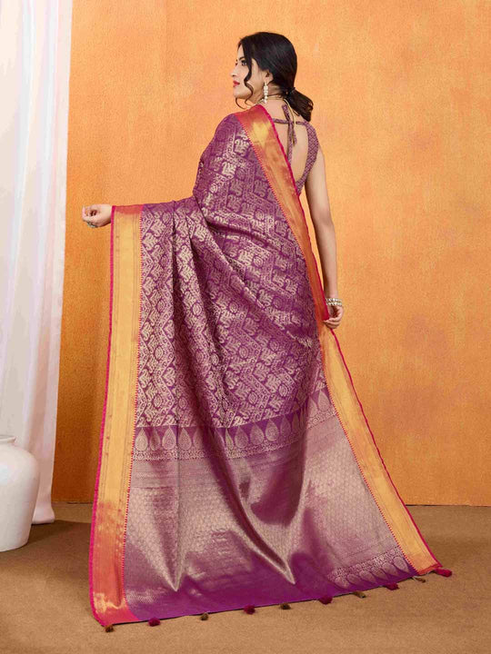 Cherrypink Yellow Ikkat Woven Kajeevaram Silk Rich Pallu With Blouse Piece