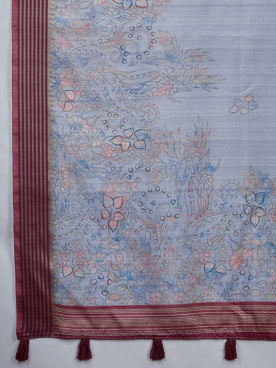 Grey Poly Silk Daily Wear Saree With Blouse Piece