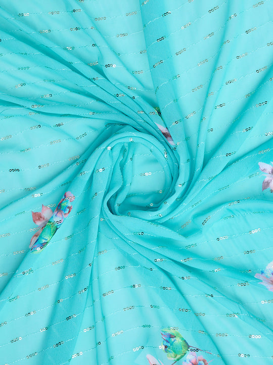 Turquoise Poly Chiffon Saree With Blouse Piece