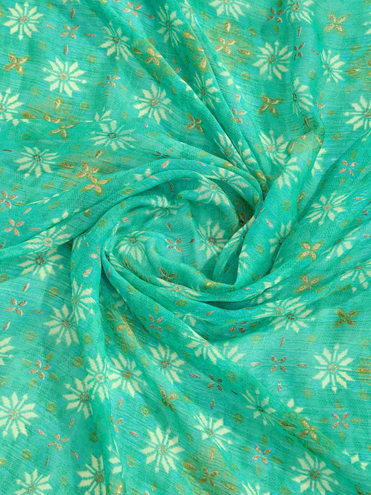 Teal Pure Chiffon Viscose Border Block Printed Saree With Blouse Piece