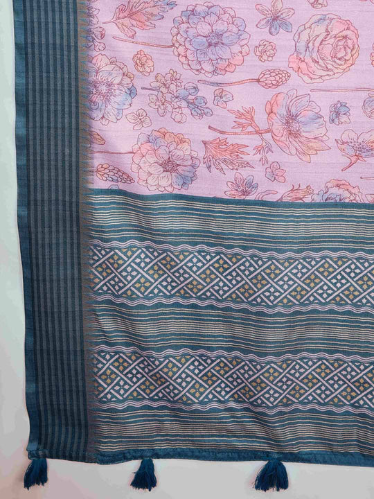 Pink Pure Tussar Viscose Border Paisley Digital Printed  With Blouse Piece