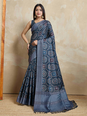 Indigoblue Pure Handloom Tussar Woven Pallu Ajrakh Printed With Blouse Piece