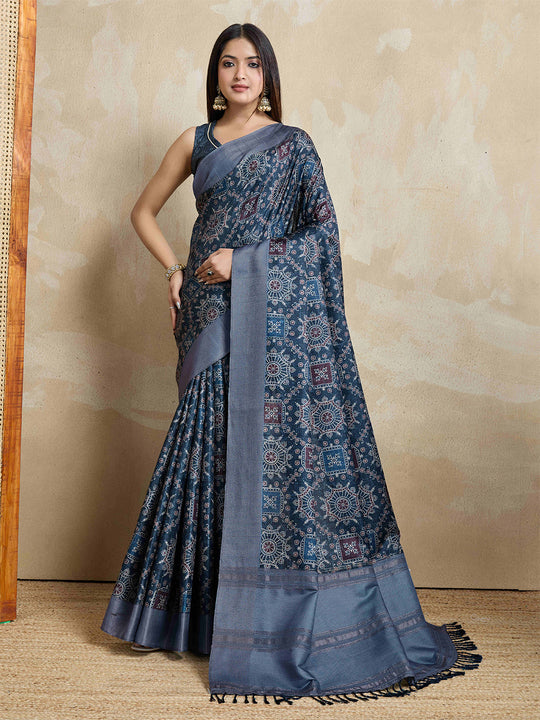 Indigoblue Pure Handloom Tussar Woven Pallu Ajrakh Printed With Blouse Piece