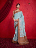 Teal Pure Tussar Viscose Border Paisley Digital Printed  With Blouse Piece