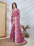 Poly Georgette Geometric Print Saree With Embroidery And Scaloping Work With Unstitched Blouse Piece