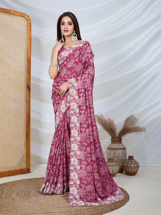 Poly Georgette Geometric Print Saree With Embroidery And Scaloping Work With Unstitched Blouse Piece