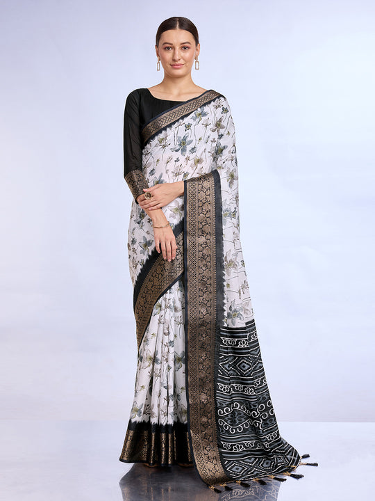 White & Black Dola Silk Saree With Blouse Piece