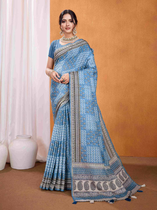 Blue Pure Tussar Silk Ajrakh Block Printed With Blouse Piece