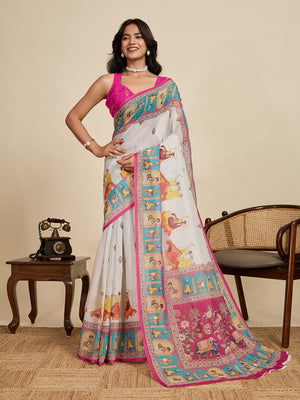 Multicolour Linen Saree With Jari Border All Over Single Colour Printed Saree With Blouse Piece