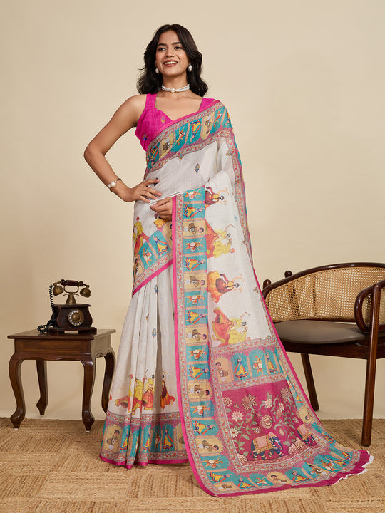 Multicolour Linen Saree With Jari Border All Over Single Colour Printed Saree With Blouse Piece