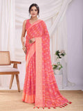 Coral Pink Pure Chiffon Viscose Border Block Printed Saree With Blouse Piece