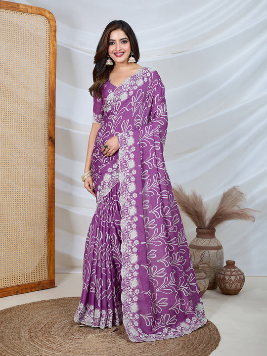 Poly Georgette Geometric Print Saree With Embroidery And Scaloping Work With Unstitched Blouse Piece