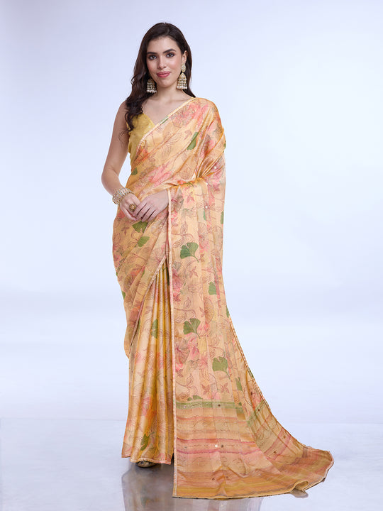 Peach Poly Chiffon Festive Wear Saree With Blouse Piecde